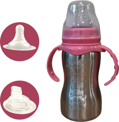 JOYFILLS 2 in 1 Baby Stainless Steel Feeding Bottle for Kids/Infants | Sipper, Nipple - 290 ml(Pink, Silver)
