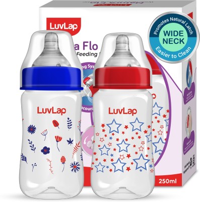 LuvLap Anti-Colic Wide Neck Natural Flow Baby Feeding Bottle, Floral BPA Free Pack of 2 - 250 ml(Red, Blue)