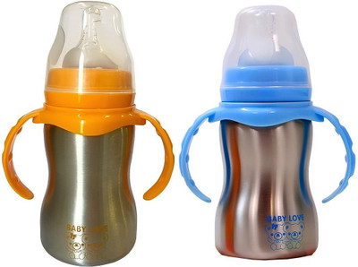 JOYFILLS 2 in 1 Baby Stainless Steel Feeding Bottle for Kids/Infants | Sipper, Nipple - 240 ml(Multicolor)
