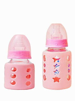 The Little Lookers Glass Feeding Bottle for Newborns/Infants/Babies | With Silicone Warmer Cover ('PINK', 60 ML + 120 ML) - 120 ml(Pink)