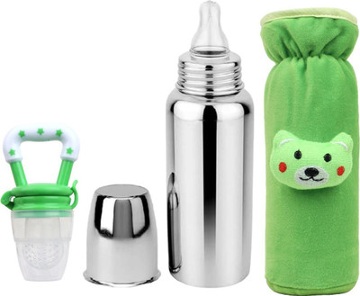 UNIECROUNEKIDS Baby feeding bottle with cover & baby fruit feeder 0 to 2 years BPA free - 250 ml(GREEN+BOTTLE+G+FEEDER)