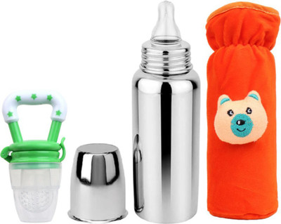 UNIECROUNEKIDS Baby feeding bottle with cover & baby fruit feeder 0 to 2 years BPA free - 250 ml(ORANGE+BOTTLE+GR+FEEDER)