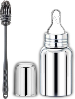 Pappa Premium Stainless Steel Baby Feeding Bottle with Long Handle silicone Brush - 150 ml(Plain silver)