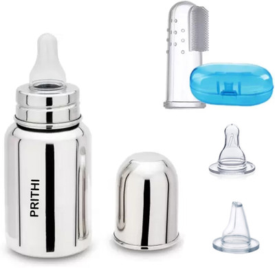 Prithi Home's and Kitchen Stainless Steel Feeding Bottle & Finger Brush with 2 extra teat - 150 ml(Silver)