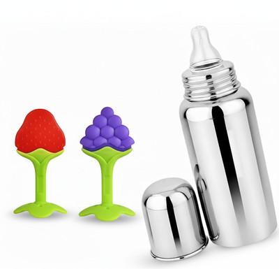Claoberry Steel feeding baby bottle with Fruit Nibbler - 2 Pack Combo - 250 ml(2 teether + Feeding Bottle)