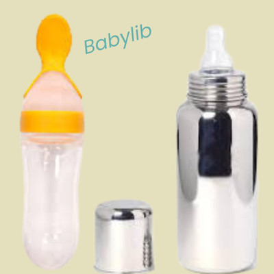 Babylib Baby Spoon Feeder290ml+Milk Feeding Bottle - 250 ml(Yellow, Silver)