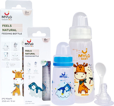 MYLO Baby Feeding Bottles for New Born Babies with Spoon | Anti Colic - (125+250ml) - 375 ml(Bear & Giraffe)