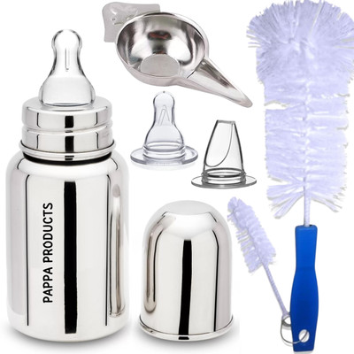 Pappa baby steel feeding bottle basic combo of Feeder, Sipper, Nipple & Brushes - 150 ml(Silver)