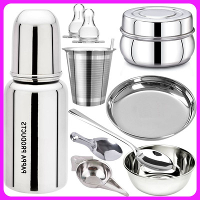 Pappa Stainless Steel Baby Feeding Bottle - 150 ml(Plain silver)