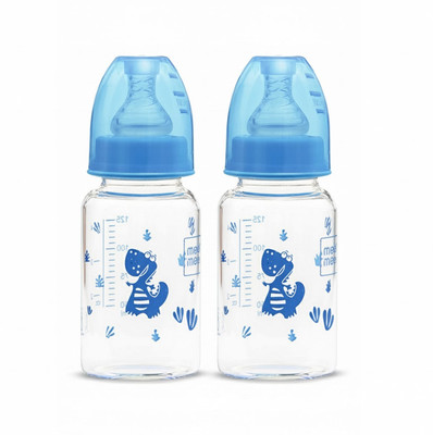 MeeMee Baby Bottle Pro Tiny Glass Feeding Bottle with Soft Nipple for 0-2 Yrs (2 Pcs) - 120 ml(Blue)