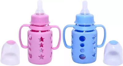 Drake BPA Free Glass Baby Feeding Bottle with Silicone Cover&Training Handle, Set of 2 - 120 ml(Pink, Blue)