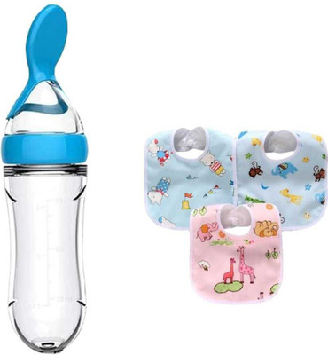 CHILD CHIC Feeding Combo Pack Spoon Bottle Feeder & Three Cartoon Print WaterProof Bibs - 90 ml(Blue)