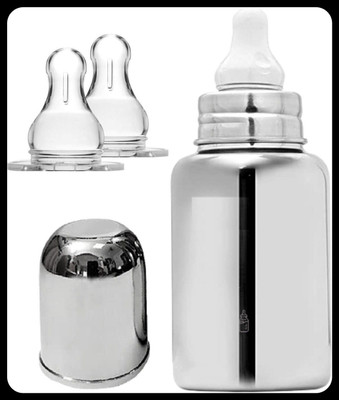 Pappa Leak Proof Stainless Steel Baby Milk Bottle - 150 ml(Plain silver)
