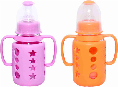KIDS MY LITTLE Premium Glass Feeding Bottle With Removable Protection Silicon Cover - 240 ml(& Training Handle. Capacity Of 120ML Each, Come In Random Color Pack Of 2)
