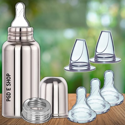 PGD Premium Steel Baby Feeding Bottle with Nipples (Pack 3) Sipper Spout (Pack 2) - 220 ml(Regular 220ml + 5 Nipple)