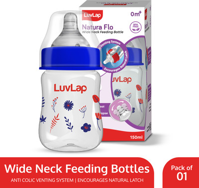 LuvLap Anti-Colic Wide Neck Natural Flow Baby Feeding Bottle, Floral Design - 150 ml(Blue)