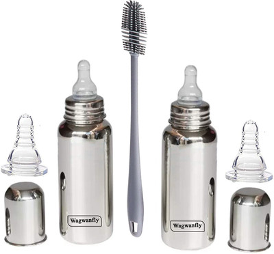 Wagwanfly Steel Feeding Bottle With Silicone Nipple 1 Cleaning Brush feeding bottle steel - 240 ml(Silver)