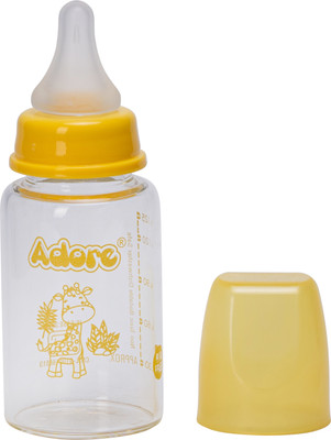 Adore Glaze Snr 2 in 1 Glass Feeding Bottle with Anti- Colic Silicone Teat - 125 ml(Yellow)