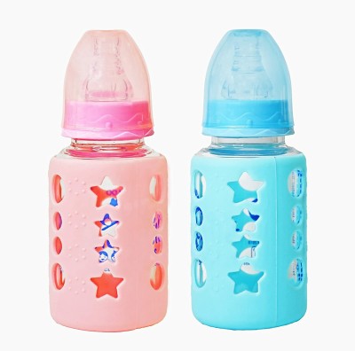 The Little Lookers Glass Feeding Bottle for Newborns/Infants/Babies - 120 ml(Pink, Blue)
