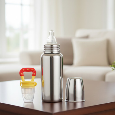 ORILACE Baby Feeding Steel bottle with fruit feeder 0 to 2 years BPA free - 250 ml(BOTTLE+YELLOWFEEDER)