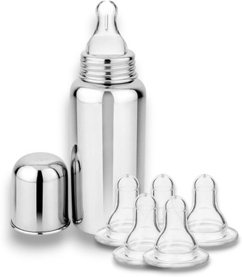 RB Point 1 BOTTLE+ 5 NIPPLE Baby Feeding Stainless Steel Bottle 240ml - 250 ml(Silver)