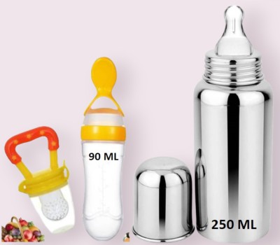 Kidsy Zilla Stainless Steel Baby Milk Feeding Bottle250ML 304 GRADE With Silicon Food Feeder - 230 ml(Yellow)