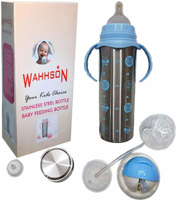 WAHHSON Stainless Steel Baby Feeding Bottle for Milk, Water with Silicone Nipple, Sipper - 240 ml(Blue-Silver-240ml)