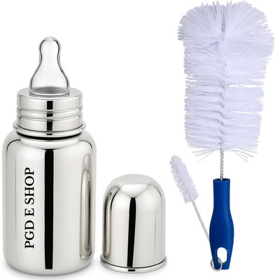Pappa Regular Stainless Steel Baby Feeding Bottle with Cleaning Brushes - 150 ml(Plain silver)