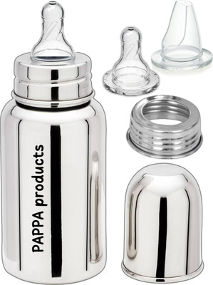 Pappa Regular Stainless Steel Baby Feeding Bottle with Sipper and Nipple - 150 ml(Silver)