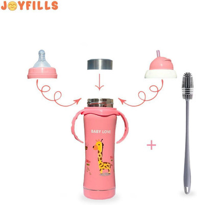 JOYFILLS 3 in 1 Baby Stainless Steel Feeding Bottle for Kids With Cleaning Brush - 240 ml(Printed Pink)