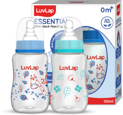 LuvLap Anti-Colic Slim Neck Essential Baby Feeding Bottle, Jungle Tales Pack of 2 - 125 ml(Blue, Green)