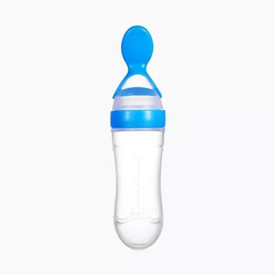 PGD Premium Baby Silicone Squeezy Food Feeder Feeding Bottle with Spoon - 90 ml(Blue)