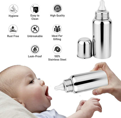 SMILYNATION Stainless Steel Baby Milk Feeding Bottle-Anti-Colic BPA-Free Safe - 250 ml(Silver)
