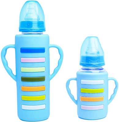 The Little Lookers Glass Feeding Bottle with Handle Silicon Cover for Baby - Blue (120ml-240ml) - 360 ml(Blue)