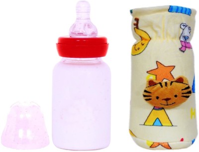 Jingle Kids Baby Premium Glass Feeding Bottle 120ml With Printed Warmer Bottle Cover Sleeve - 120 ml(YELLOW RED)