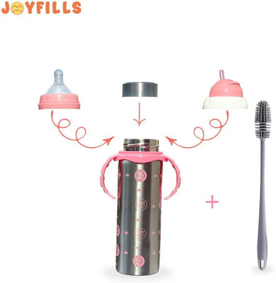JOYFILLS 3 in 1 Baby Stainless Steel Feeding Bottle for Kids With Cleaning Brush - 240 ml(Printed Steel Pink)