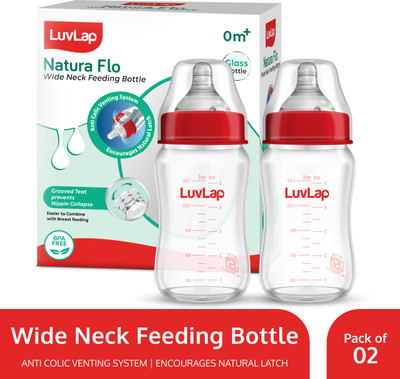 LuvLap Natural Flow Wide Neck Glass Feeding Bottle, Suitable for Newborns Pack of 2 - 150 ml(Red)