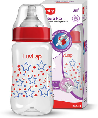 LuvLap Anti-Colic Wide Neck Natural Flow Baby Feeding Bottle, Stars Design, BPA Free - 250 ml(Red)