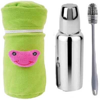 Kids Globe Baby steel feeding bottle 250 ml with bottle cover and bottle cleaning brush - 250 ml(Silver)