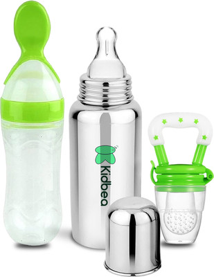 KIdbea Stainless Steel Bottle, Silicone Food and Fruit feeder BPA Free - 250 ml(Green)