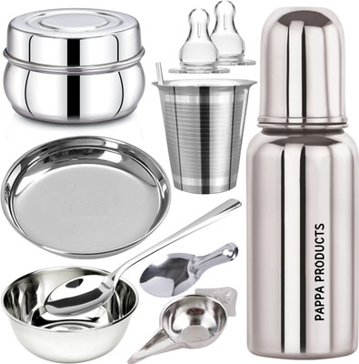 PGD Baby Feeding Bottle, Feeder, Bowls, Spoons, Straw Glass, Glass Plate, 2 Nipple  - Stainless Steel(Plain Silver)
