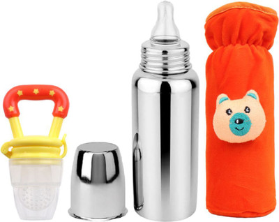 UNIECROUNEKIDS Baby feeding bottle with cover & baby fruit feeder 0 to 2 years BPA free - 250 ml(ORANGE+BOTTLE+YELLOW+FEEDER)