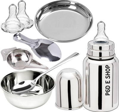 PGD Baby Feeding Gift Combo Set - Feeding Bottle, Feeder, Bowl, Spoon, Idly Spoon - 150 ml(Plain Silver)