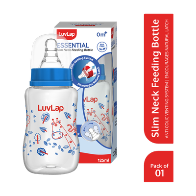 LuvLap Anti-Colic Slim Neck Essential Baby Feeding Bottle, Wild Flower Design, BPA Free - 125 ml(Blue)