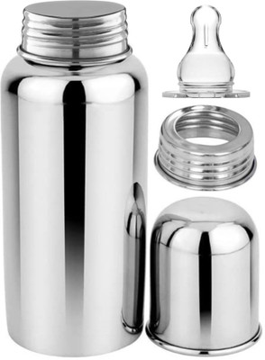 PGD 2 in 1 Use Regular Stainless Steel Baby Feeding Bottle with Extra Cap - 300 ml(Silver)