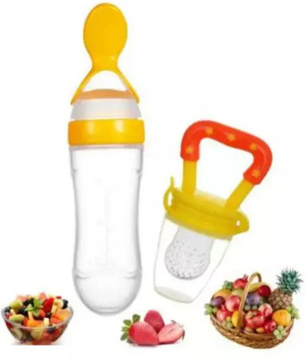 HS MART Squeeze Style Bottle Feeder with Dispensing Spoon and Fruit Feeder and Pacifier - 90 ml(yellow and orange)