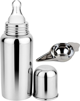 PGD Stainless Steel Baby Feeding Bottle 250ml Feeder Spoon Cup Paladai for Babies - 250 ml(Plain Silver)