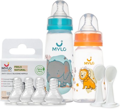 MYLO Baby Feeding Bottle & Nipple Combo| BPA Free | Anti-Colic Nipple & Spoon - 250 ml(Blue Elephant)