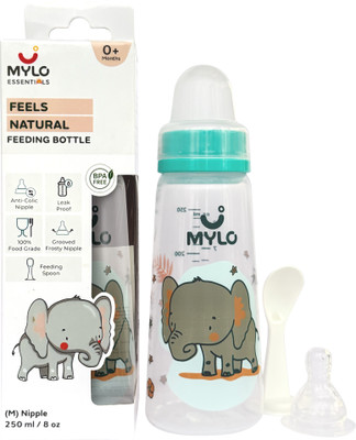 MYLO Baby 2 in 1 Feeding Bottle for New Borns with Spoon | Anti Colic | Easy Flow - 250 ml(Blue Elephant)