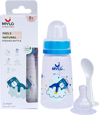 MYLO Baby 2 in 1 Feeding Bottle for New Borns with Spoon | Anti Colic | Easy Flow - 125 ml(Blue Bear)